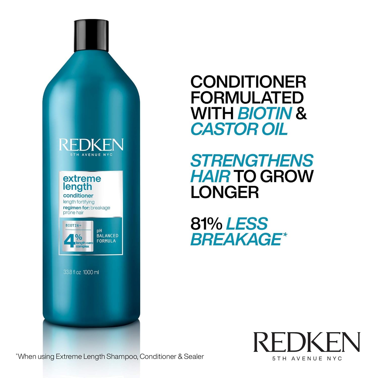 Redken Extreme Length Biotin Conditioner For Longer Hair – Promotes Healthy Hair Growth, Strengthens & Detangles Damaged Hair, Infused With Biotin & Castor Oil