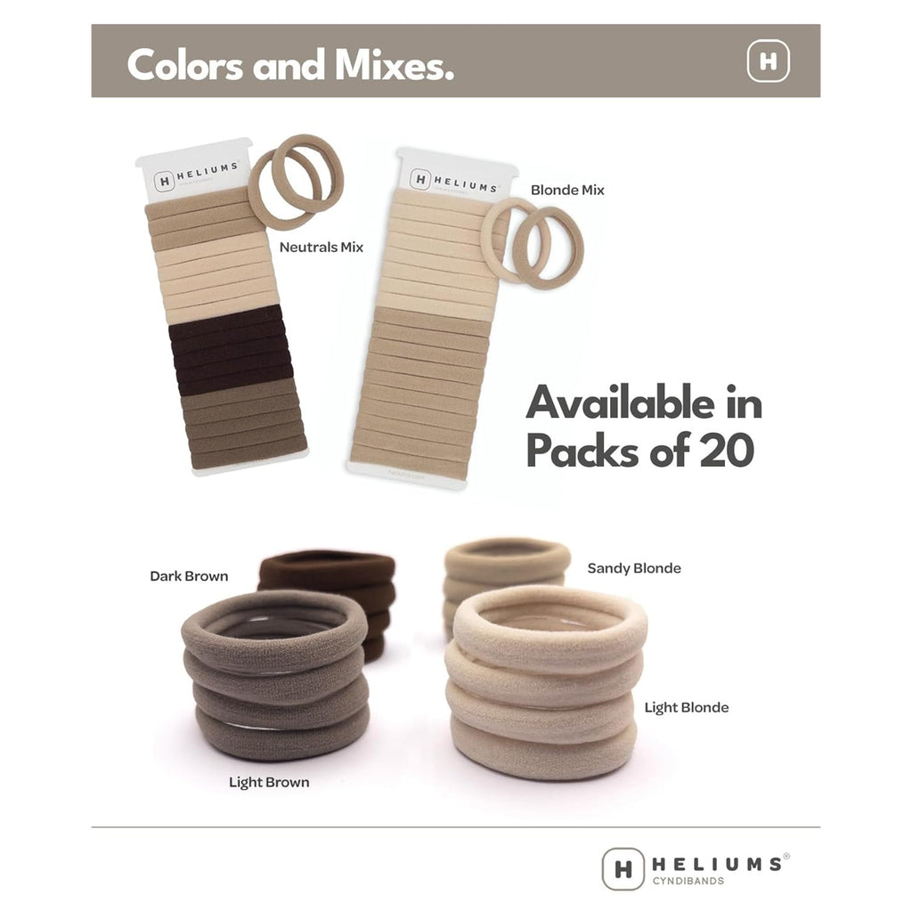 Heliums Soft Hair Ties - No Damage Seamless Nylon Fabric Bands, Stretchy Ponytail Holders For Thin & Thick Hair - Standard 1.5 Inch, Neutrals, 20 Pack