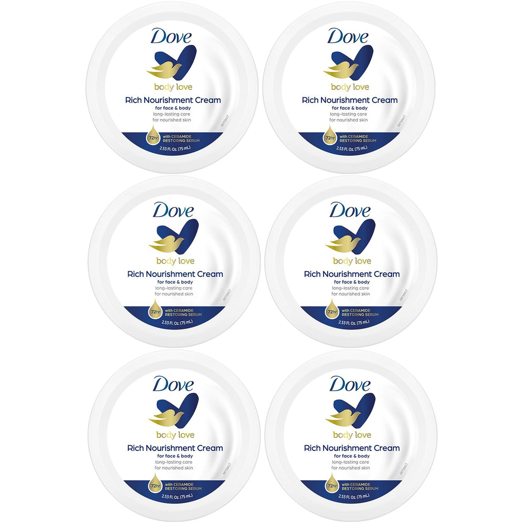 Dove Body Love Rich Nourishment Cream, Face, Hand And Skin Lotion For Extremely Dry Skin, Fast-Absorbing 72-Hour Moisturizing Formula With Ceramide Serum, Travel Size, 2.53 Oz (Pack Of 6)