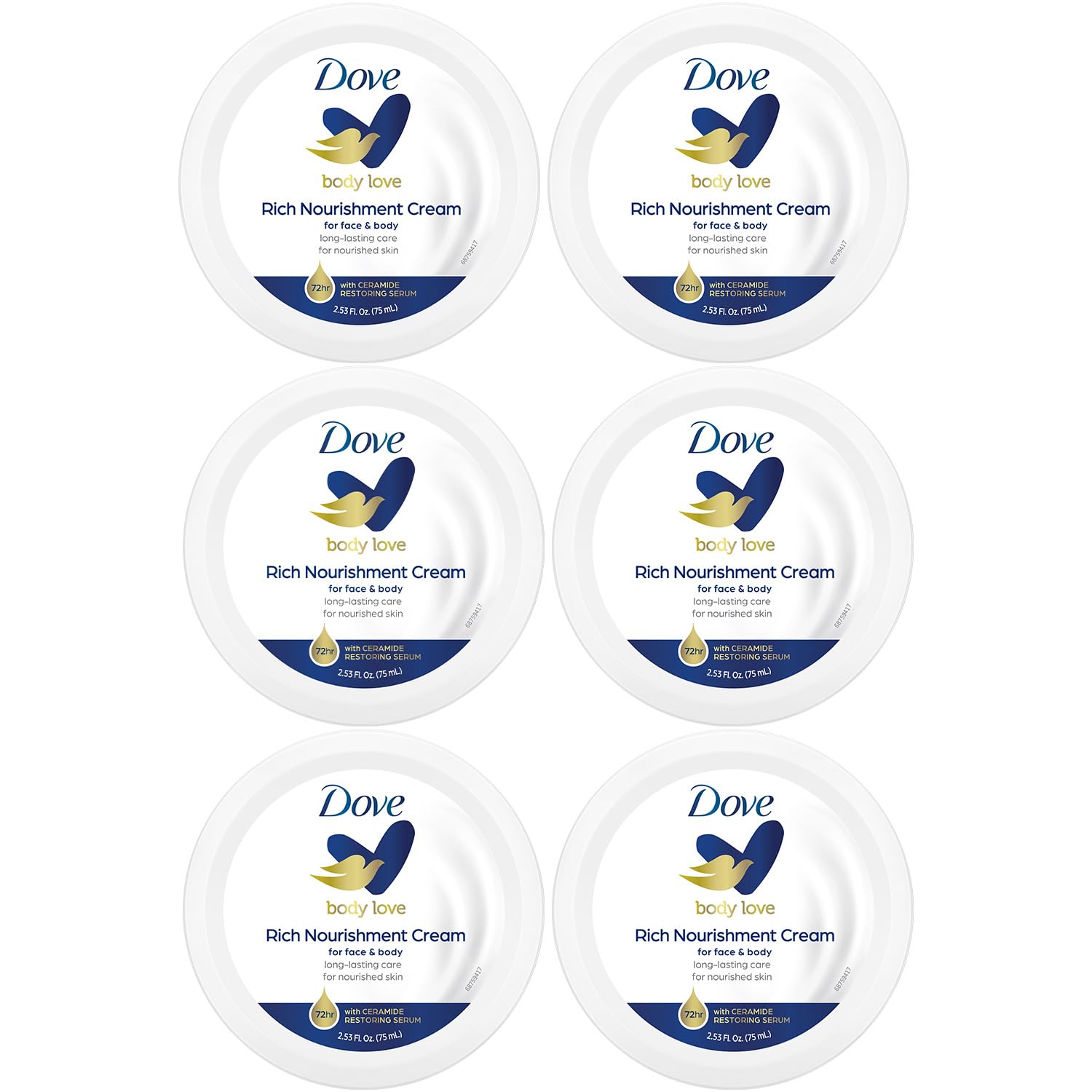 Dove Body Love Rich Nourishment Cream, Face, Hand And Skin Lotion For Extremely Dry Skin, Fast-Absorbing 72-Hour Moisturizing Formula With Ceramide Serum, Travel Size, 2.53 Oz (Pack Of 6)