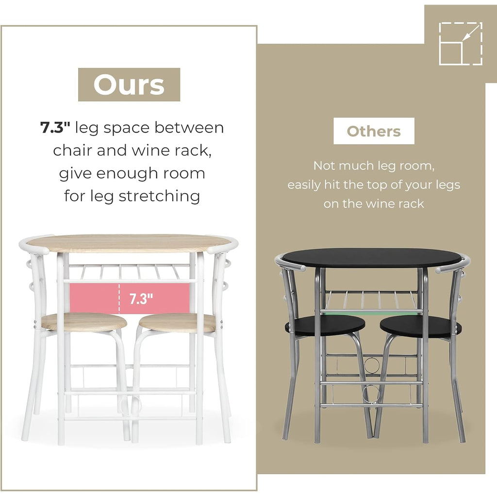 Vingli 3 Piece Dining Set,Small Kitchen Table Set For 2,Breakfast Table Set,Kitchen Wooden Table And 2 Chairs For Small Space/Dining Room/Apartment,Metal Frame,Wine Rack,White&Light Oak
