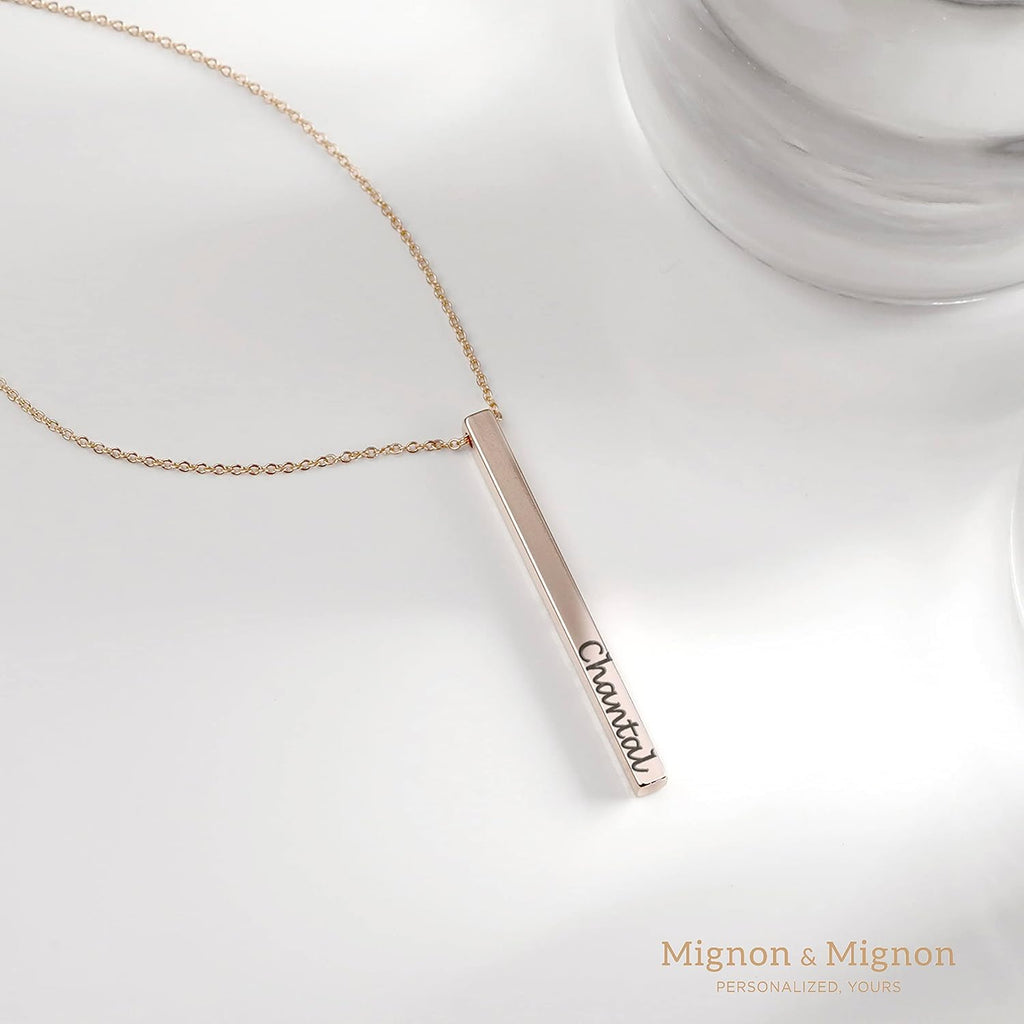 MignonandMignon 4 Sided Engraved Bar Necklace Personalized | Coordinates Name Necklace for Women Gold Silver | Custom Engraved Pendant Mom Gift Mothers Day Birthday