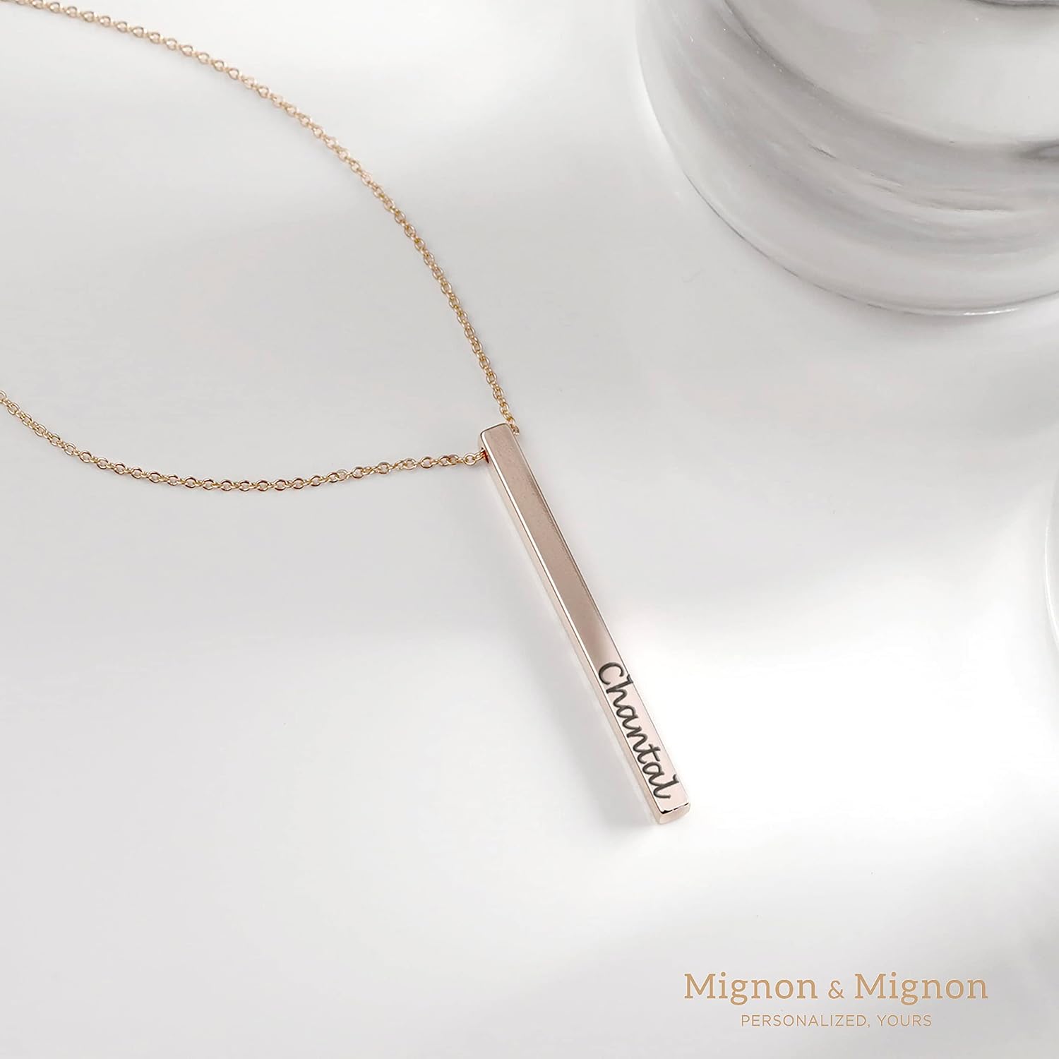 MignonandMignon 4 Sided Engraved Bar Necklace Personalized | Coordinates Name Necklace for Women Gold Silver | Custom Engraved Pendant Mom Gift Mothers Day Birthday