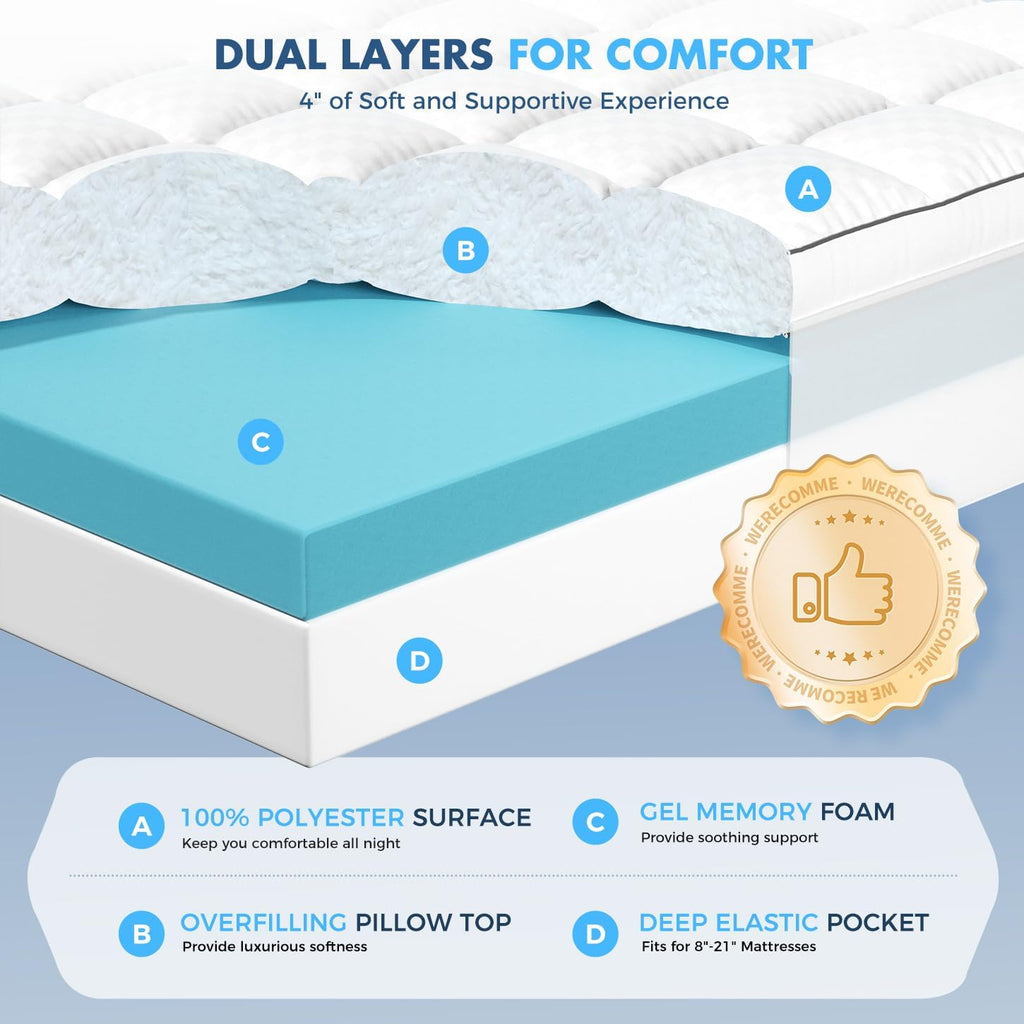 Twin Xl Dual Layer 4 Inch Memory Foam Mattress Topper For Pressure Relief, 2" Breathable Pillow Top Plus 2" Cooling Gel Memory Foam Mattress Pad, 21" Elastic Pocket, Medium Support, White