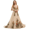Floral Embroidered Wedding Dress For Bride Long Off Shoulder V Neck Chiffon Evening Bridal Gown