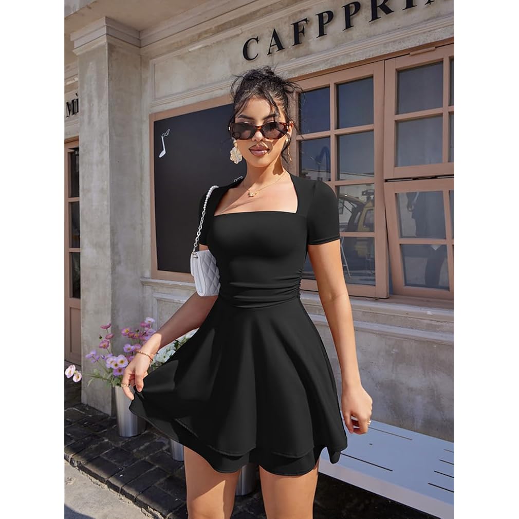Women's Sexy Square Neck Short Sleeve Ruched Tiered Ruffle Hem Flowy Club Party Mini Dress