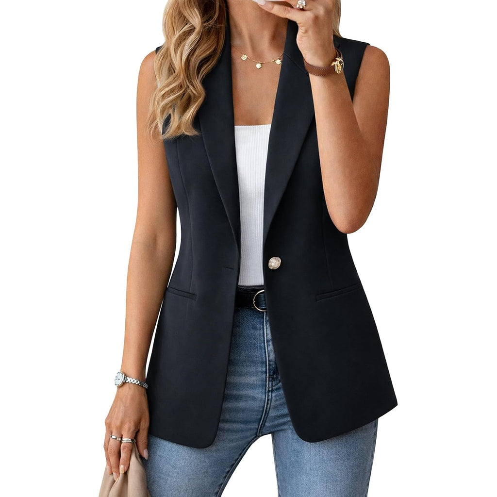 Women'S Sleeveless Vest Blazer Fully Lined Spring Casual Open Front Work Office Tops Jacket Pockets
