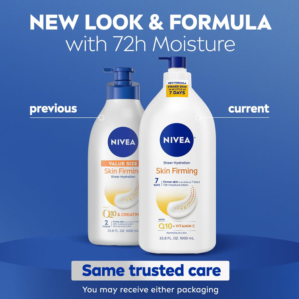 Nivea Sheer Hydration Skin Firming Body Lotion With Q10 And Vitamin C, 72-Hour Body Moisturizer For Normal To Dry Skin, 33.8 Fl Oz Value Size Pump Bottle