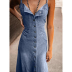 Chouyatou Women'S Spaghetti Strap Smocked Back Denim Dress Button Down A-Line Swing Flowy Maxi Jean Dress