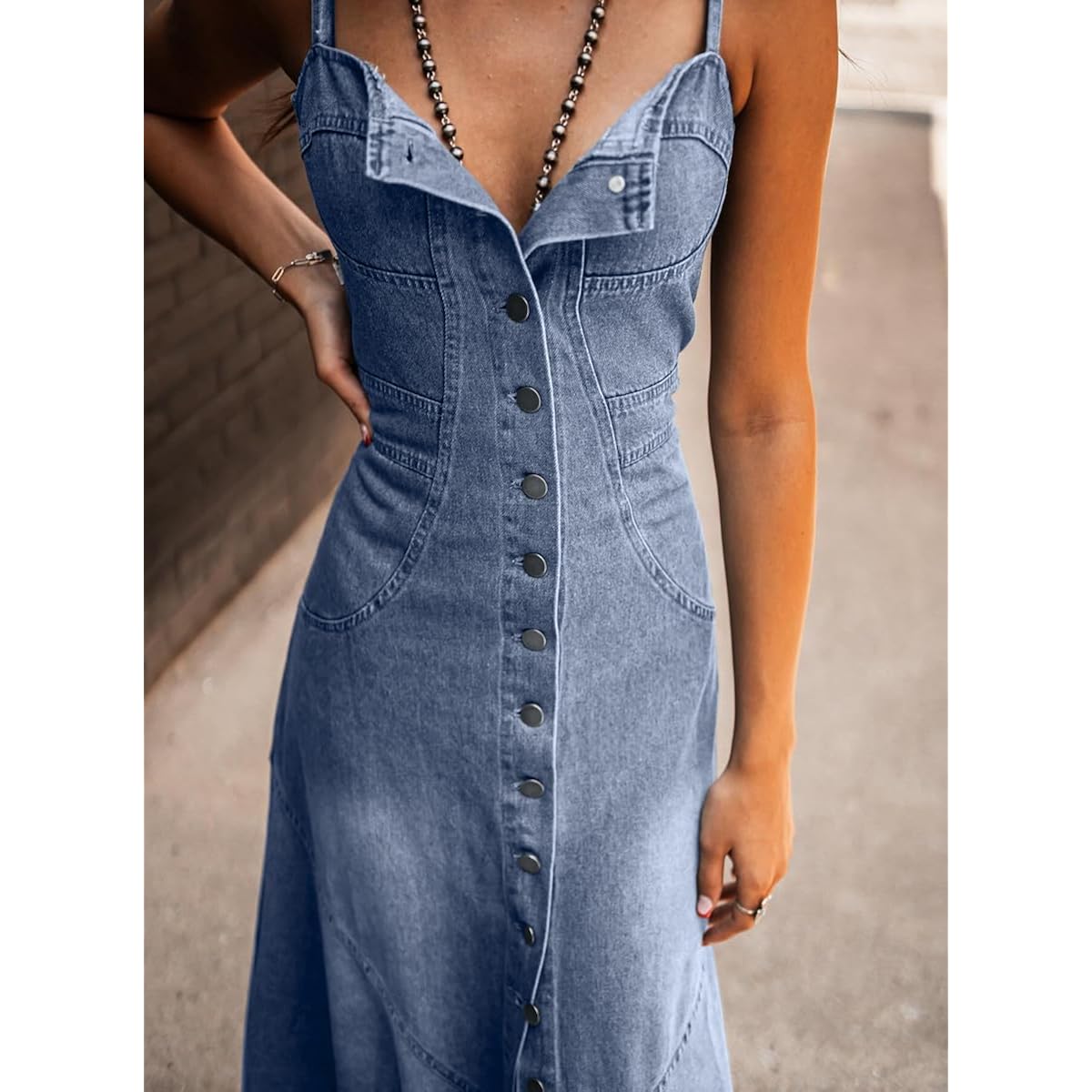Chouyatou Women'S Spaghetti Strap Smocked Back Denim Dress Button Down A-Line Swing Flowy Maxi Jean Dress