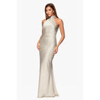 Xscape Women'S Satin Mock Neck Halter Floor Length Dress