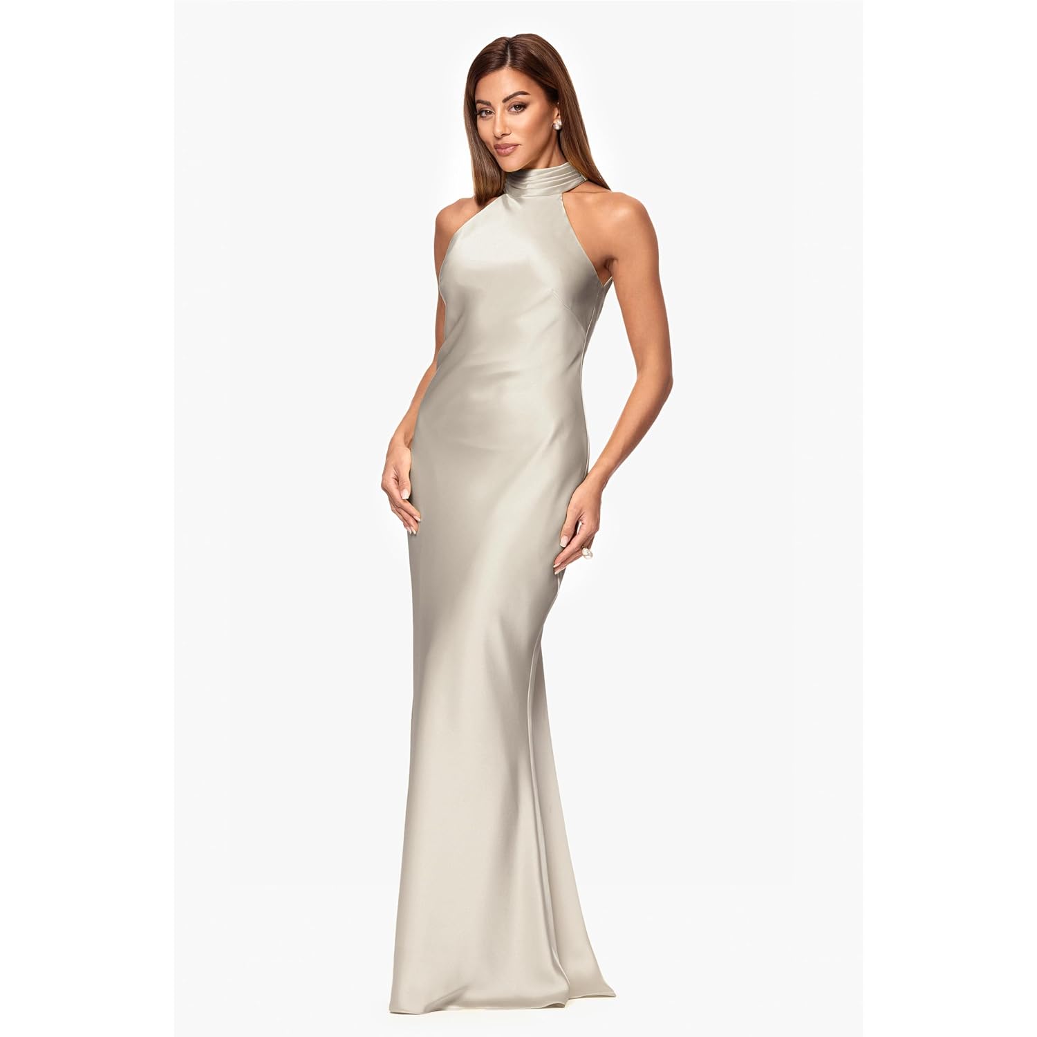 Xscape Women'S Satin Mock Neck Halter Floor Length Dress