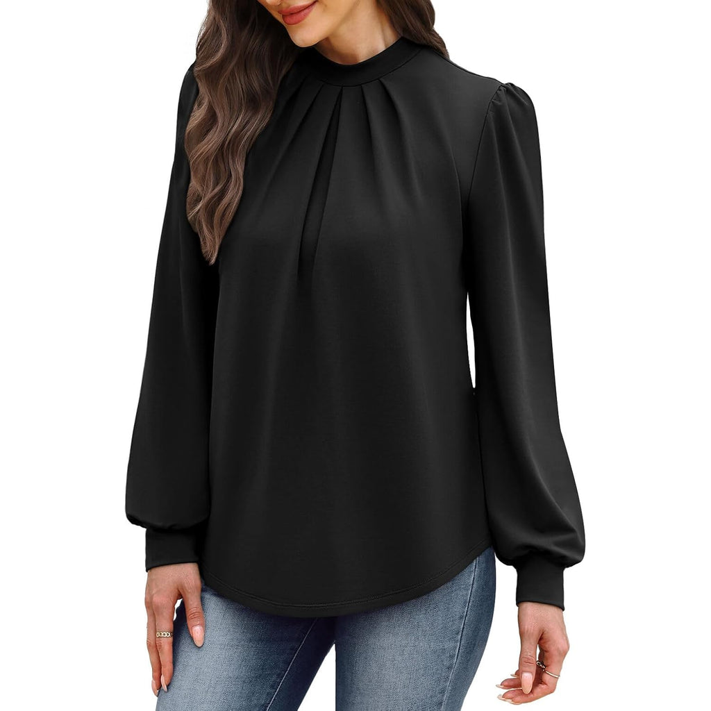 Wiholl Long Sleeve Shirts For Women Mock Neck Tops Pleated Front Blouses Dressy Casual Spring Fall Clothes 2026 Fashion