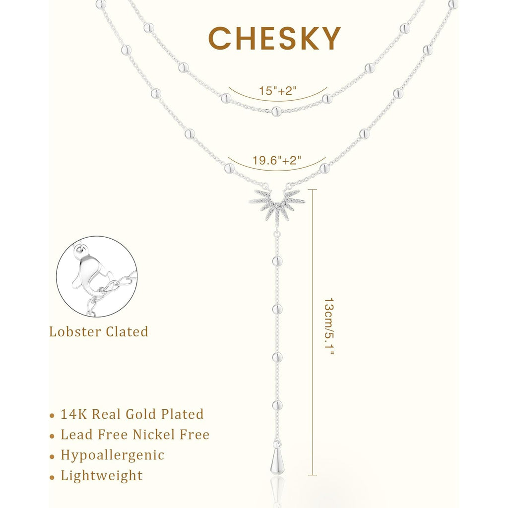CHESKY Long Necklaces for Women, 14k Gold Plated/Streling Silver Lariat Necklace Dainty Statement Prom Necklace Rosary Cross Sun Drop Pendant Dangle Necklace Gold Prom Jewelry for Women Gifts