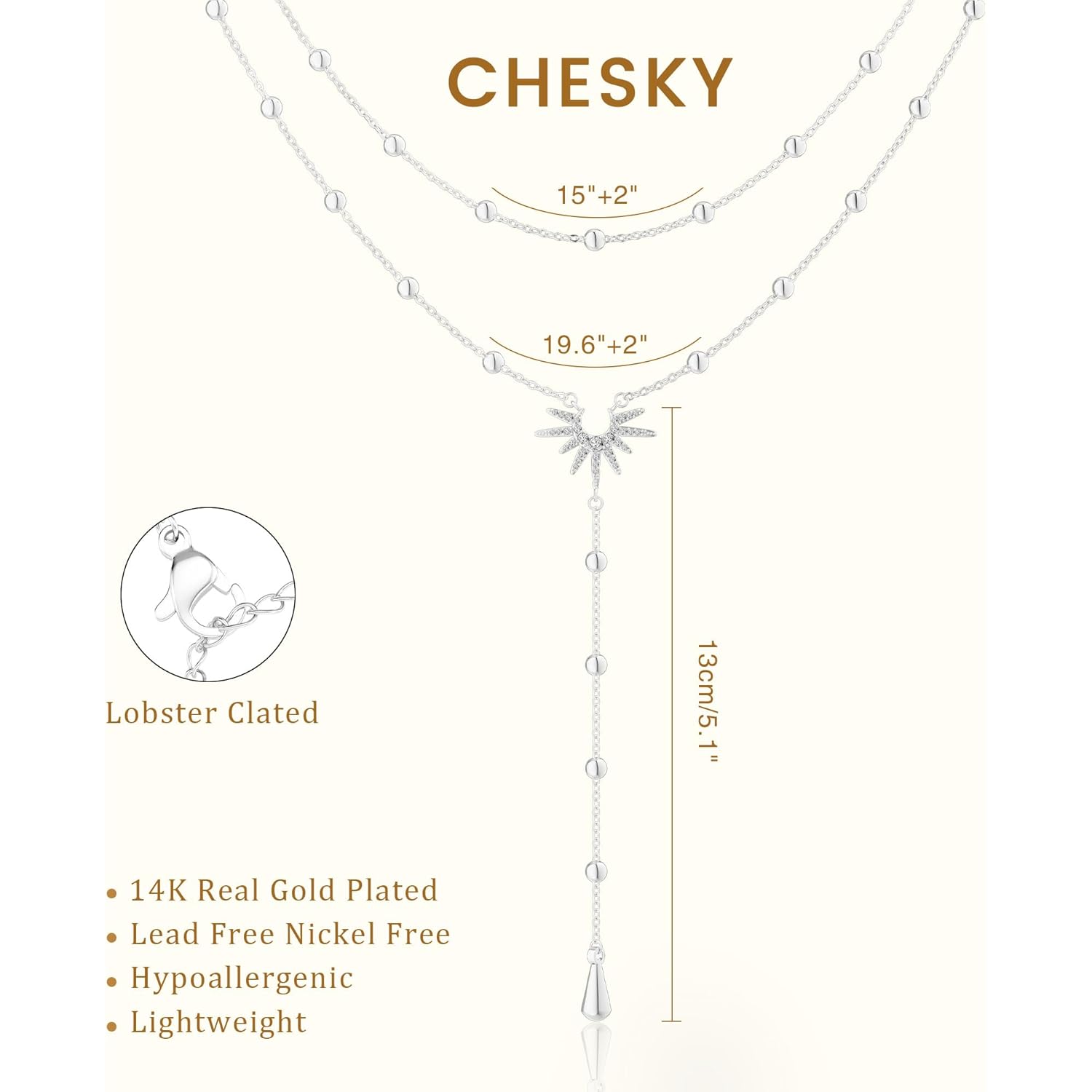 CHESKY Long Necklaces for Women, 14k Gold Plated/Streling Silver Lariat Necklace Dainty Statement Prom Necklace Rosary Cross Sun Drop Pendant Dangle Necklace Gold Prom Jewelry for Women Gifts