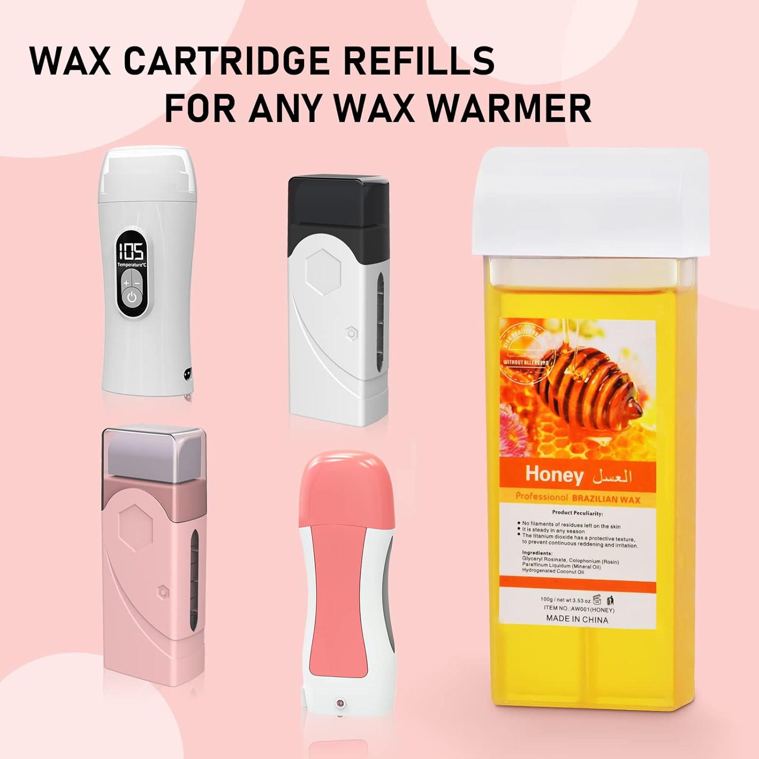 Roll On Wax, Honey Hair Removal Wax Cartridge, Depilatory Wax Roller Refill, 4 Pack - 100% Natural Material, Dermatologically Tested, Easy & Safe to Use, For Body Waxing, Leg and Arms