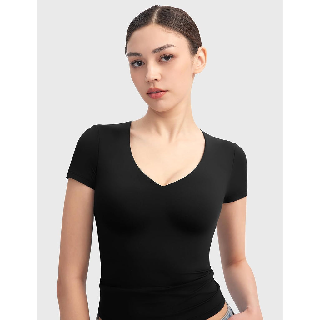 Pumiey Women'S V Neck Short Sleeve T Shirts Slim Fit Going Out Tops Sexy Basic Tee Sharp Collection