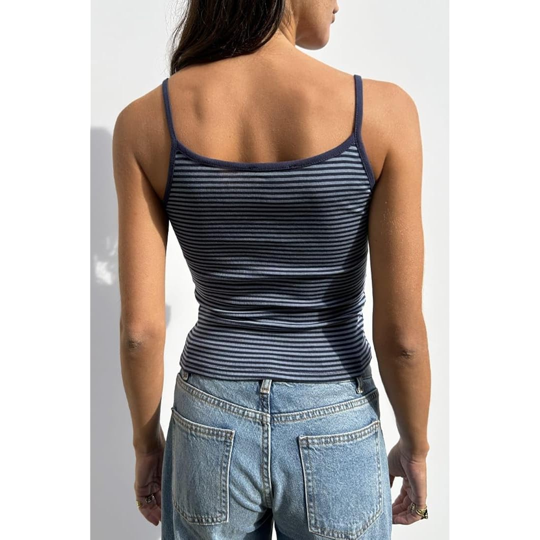 Women Stripe Print Cami Top Y2k Spaghetti Strap Backless Crop Tank Aesthetic Sleeveless Slim Fit Going Out Tops