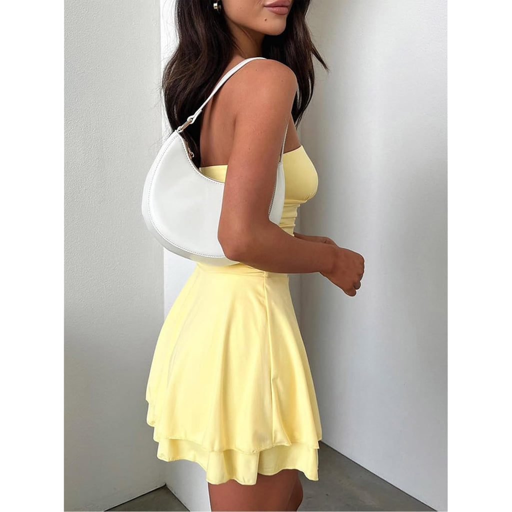 Ybskg Women Sexy Tube Top Silk Dress Strapless Ruched Waist Ruffle Tiered Layer Mini Dress Party Short Dresses