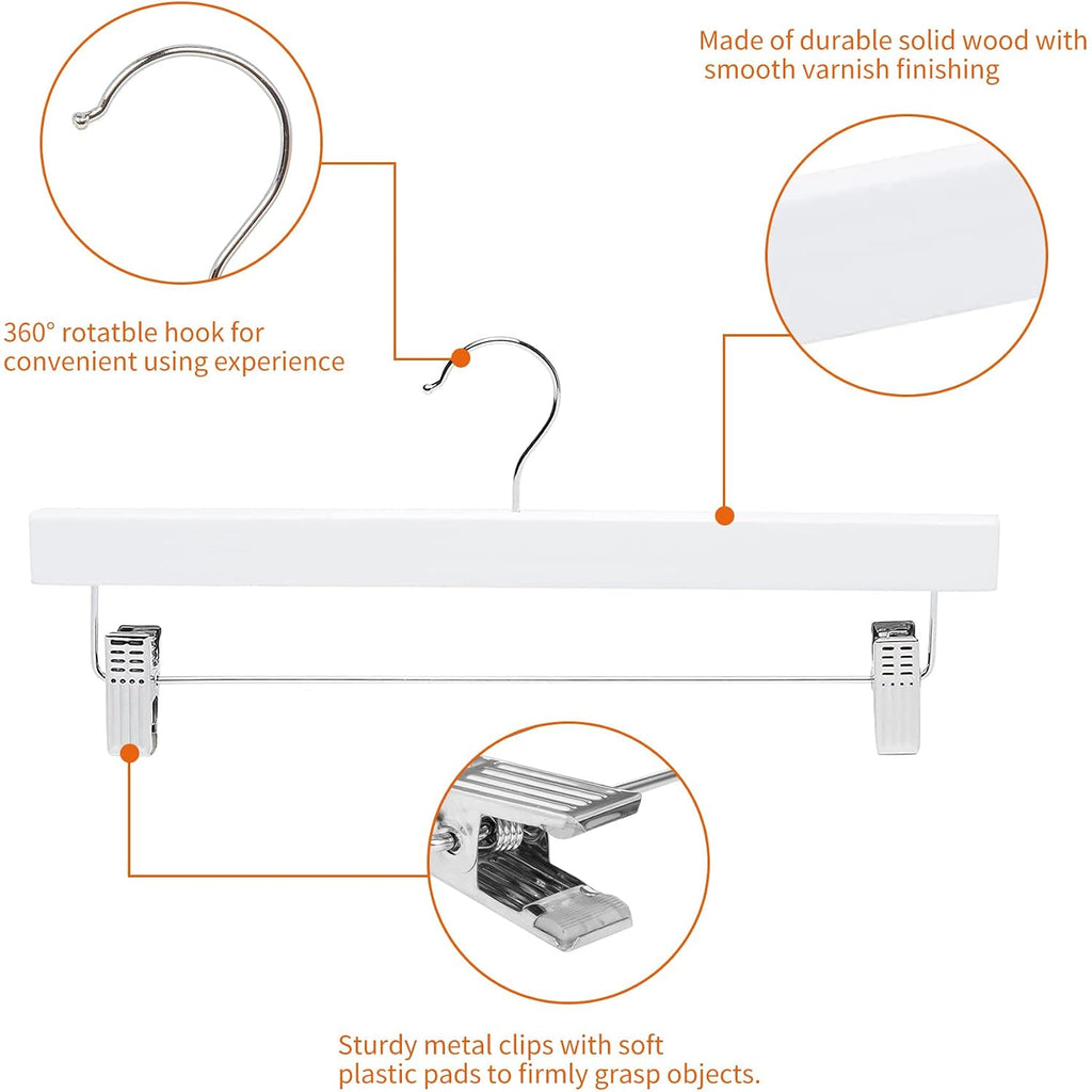 Amazon Basics Durable Wooden Pants And Skirt Hangers With Clips, Closet Organizer, White, 10-Pack