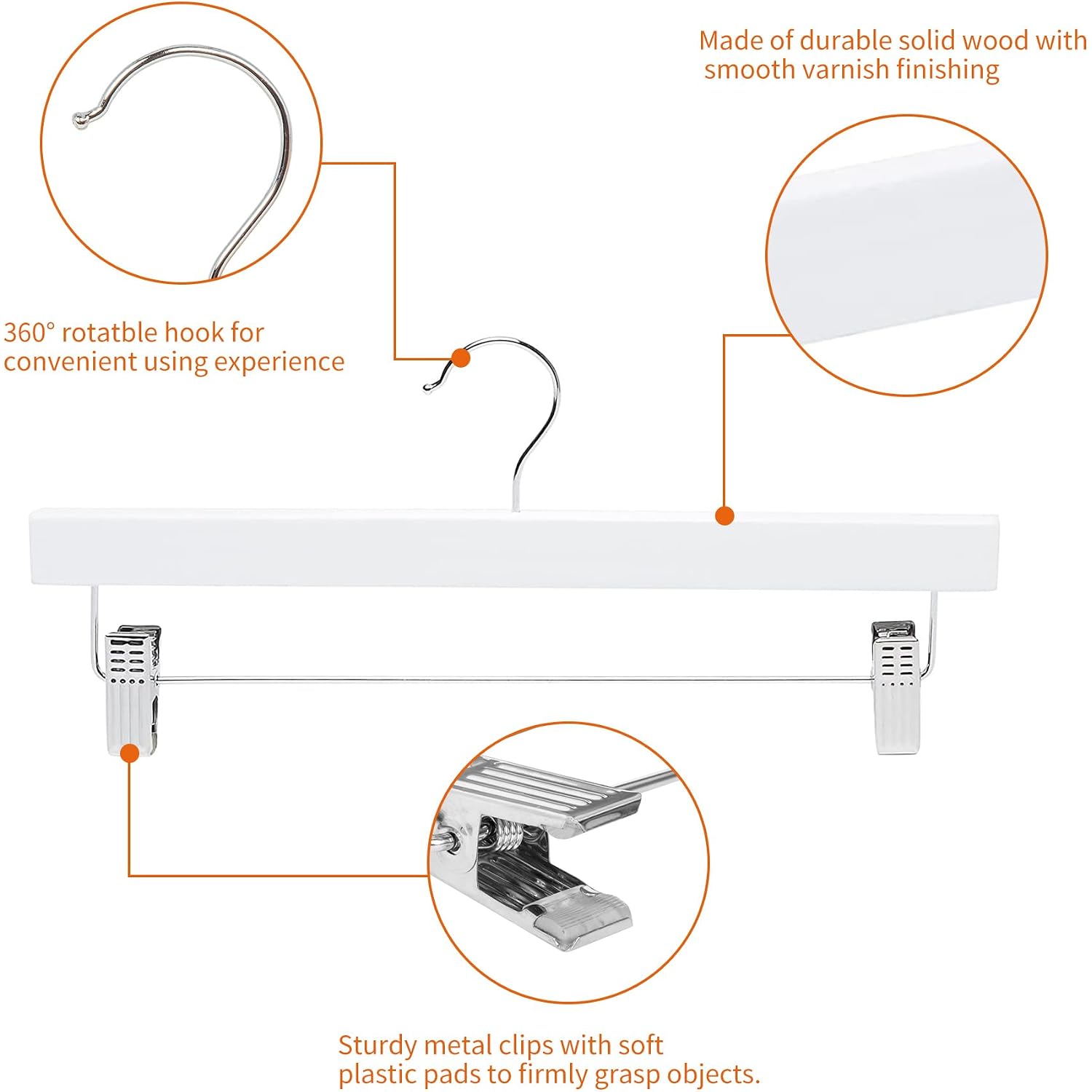 Amazon Basics Durable Wooden Pants And Skirt Hangers With Clips, Closet Organizer, White, 10-Pack