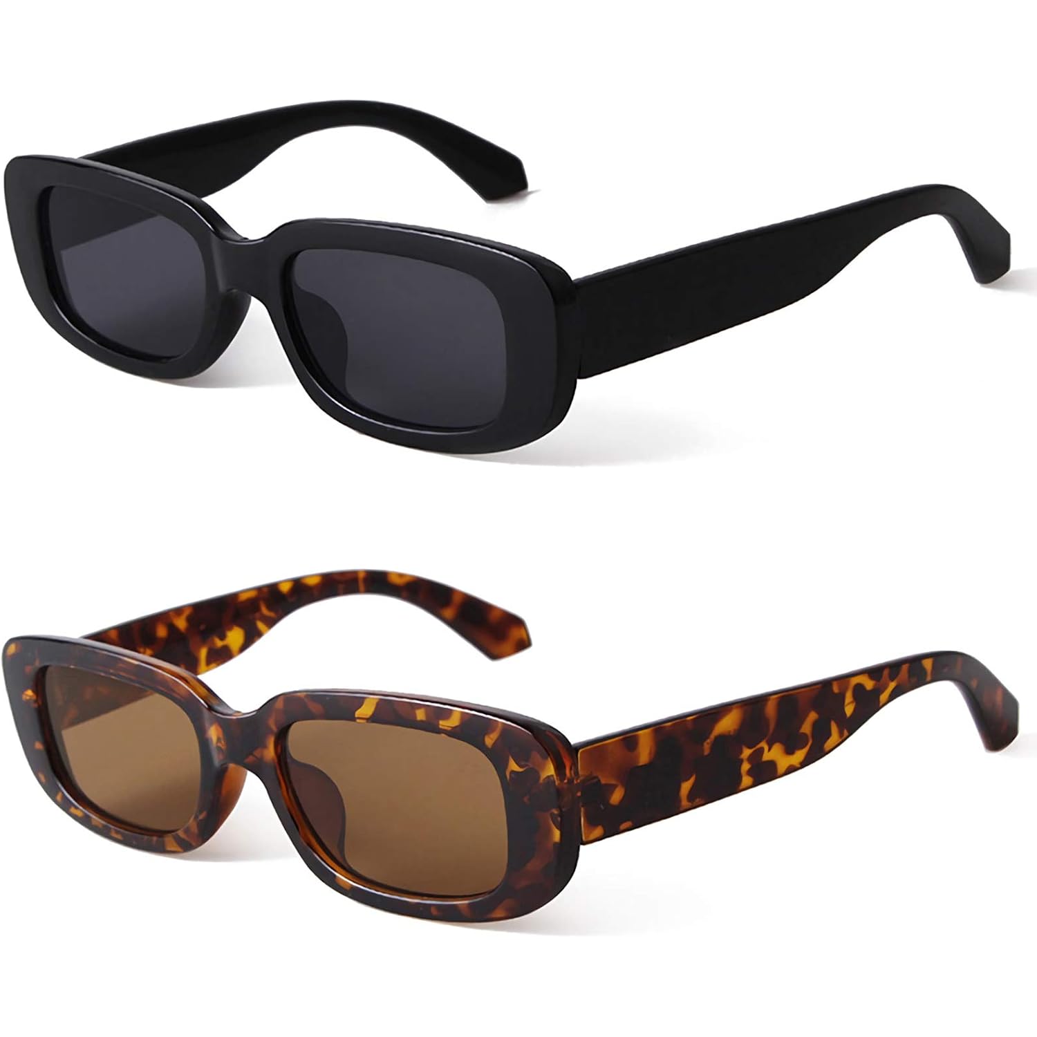 Retro Rectangle Sunglasses Women and Men Vintage Small Square Sun Glasses UV Protection Glasse 2 Pack Black+leopard Frame Full Brown Lens