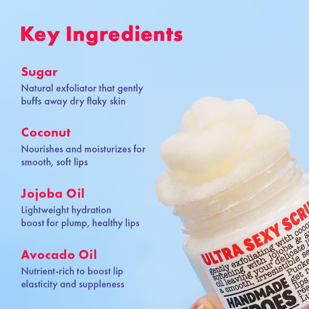 Handmade Heroes 100% Natural Lip Scrub, Vegan Conditioning Coconut Lip Exfoliator - Gentle Exfoliant, Ultra Sexy Sugar Lip Mask Polish And Scrubber For Chapped Dry And Dark Lips, 1Oz (Coconut Sorbet)