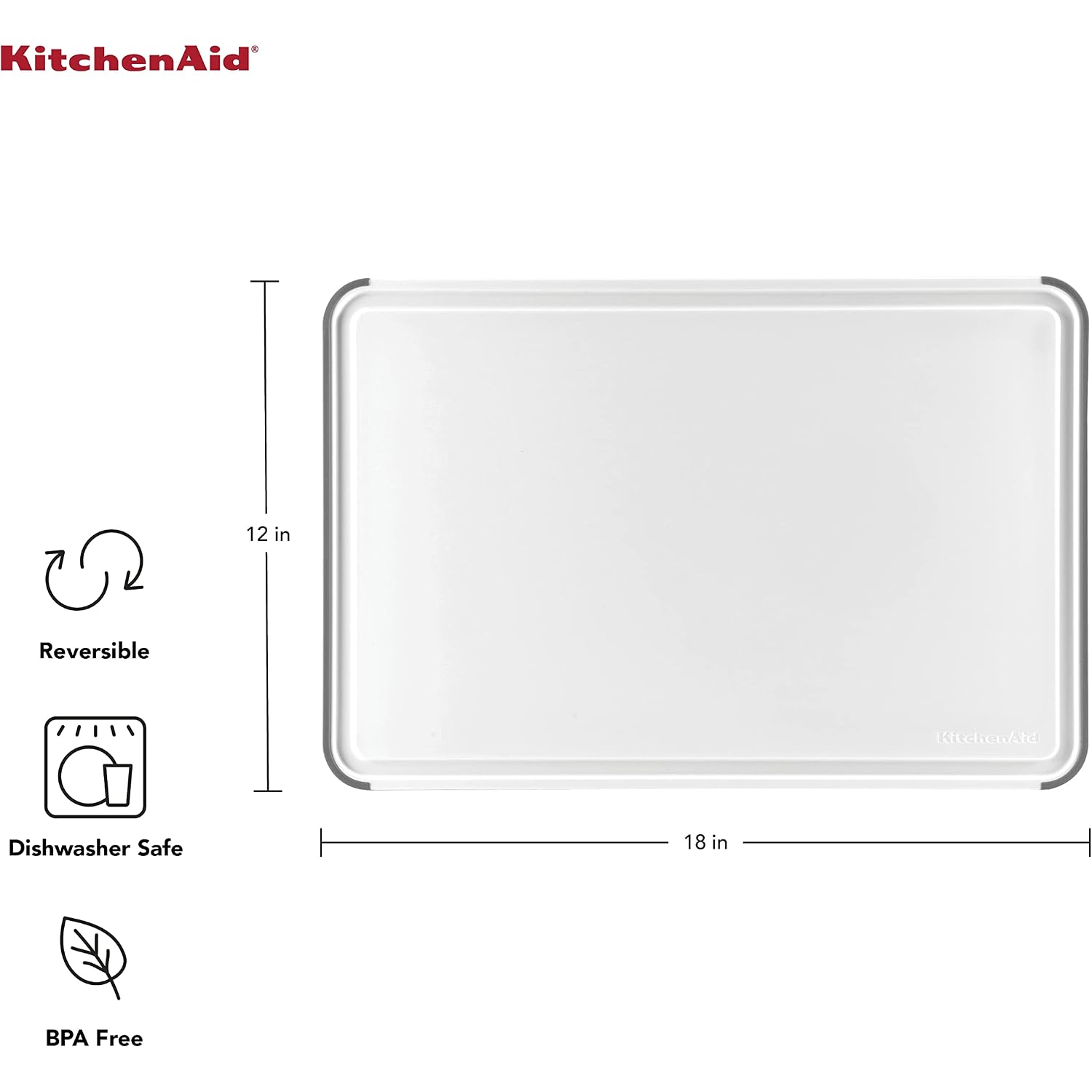 Kitchenaid Classic Plastic Cutting Board With Perimeter Trench And Non Slip Edges, Dishwasher Safe, 12 Inch X 18 Inch, White And Gray