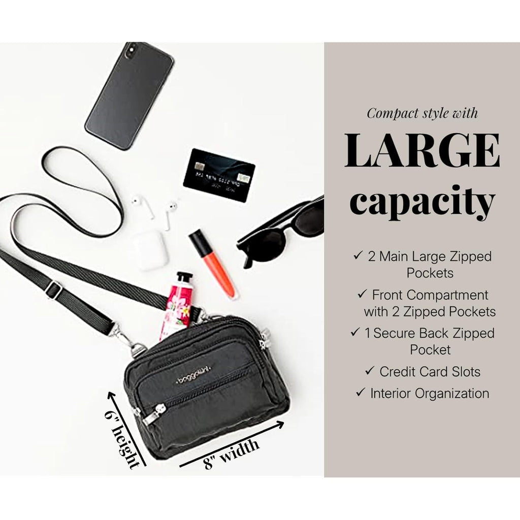 Baggallini Triple Zip Small Crossbody Bag For Women - Lightweight Convertible Fanny Pack Belt Bag
