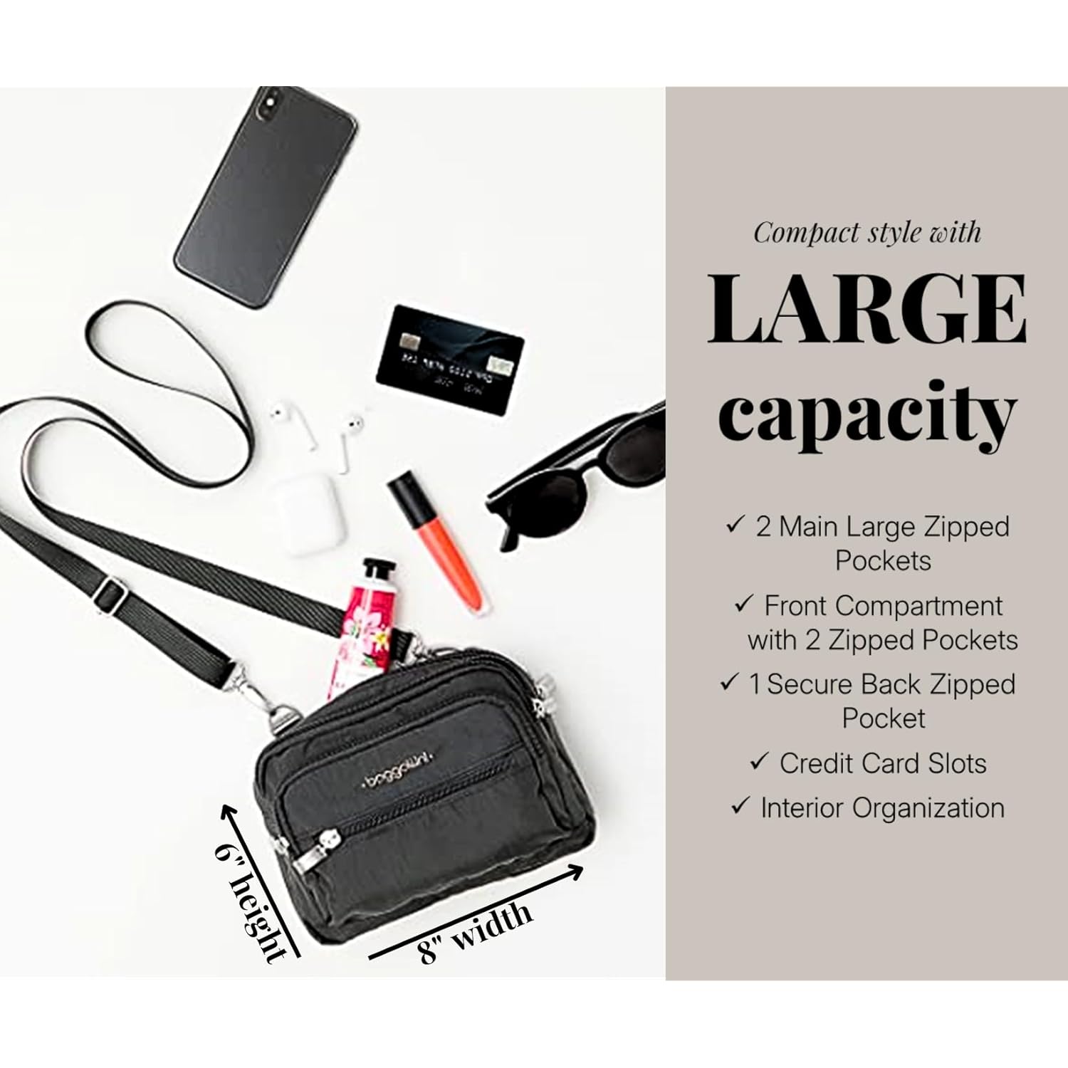 Baggallini Triple Zip Small Crossbody Bag for Women - Lightweight Convertible Fanny Pack Belt Bag