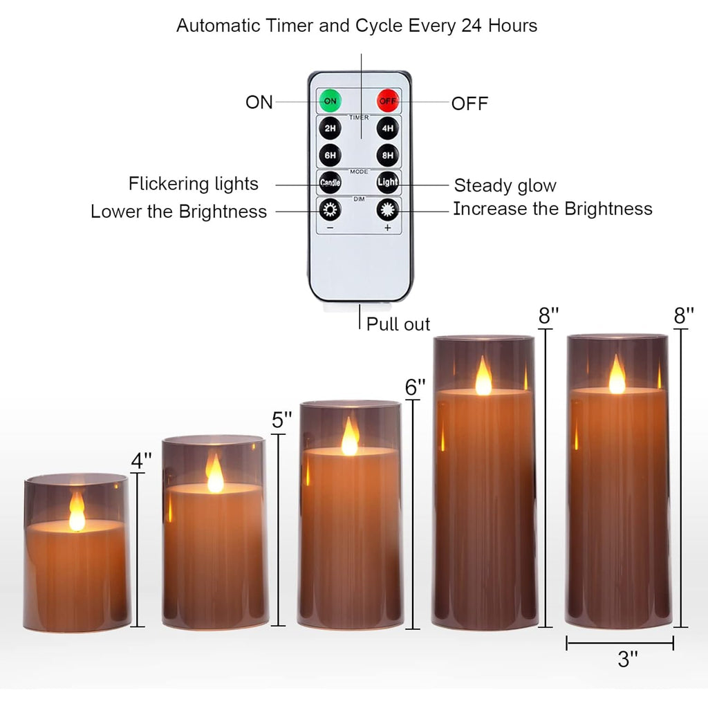 Homemory Gray Flickering Flameless Candles, Battery Operated Acrylic Led Pillar Candles With Remote Control And Timer, Halloween Decor, Set Of 5