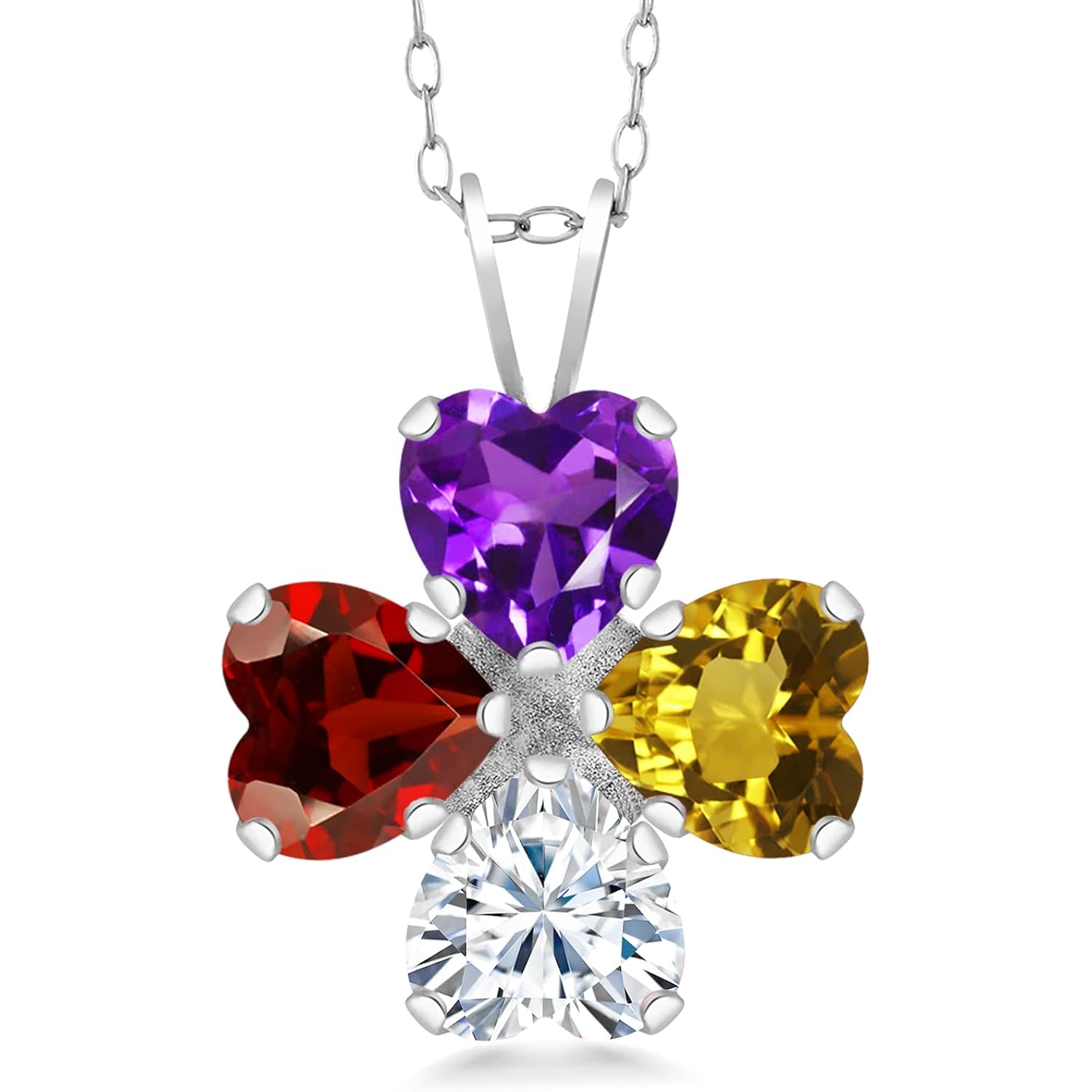Gem Stone King Customized and Personalized 4 Heart Shape Pendant Necklace For Women | 925 Sterling Silver | Gemstone Birthstone Fashion Love Mothers Flower Blossom Necklace | With 18 Inch Silver Chain