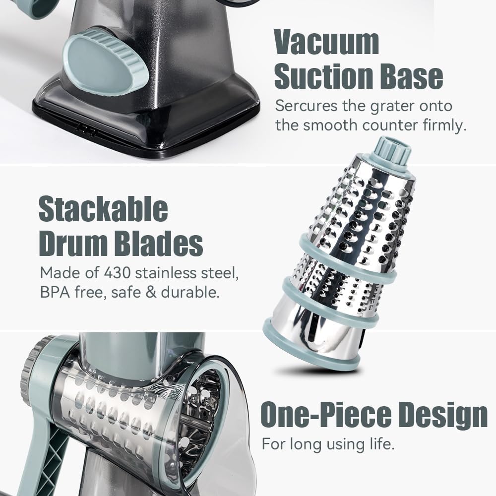 Rotary Cheese Grater Hand Crank Transparent - Shredder Slicer Grinder 3 Stainless Steel Blades, Stable Suction, Labor-Saving Handle, Safe Kitchen Tool For Cheese, Vegetable, Nuts, Chocolate