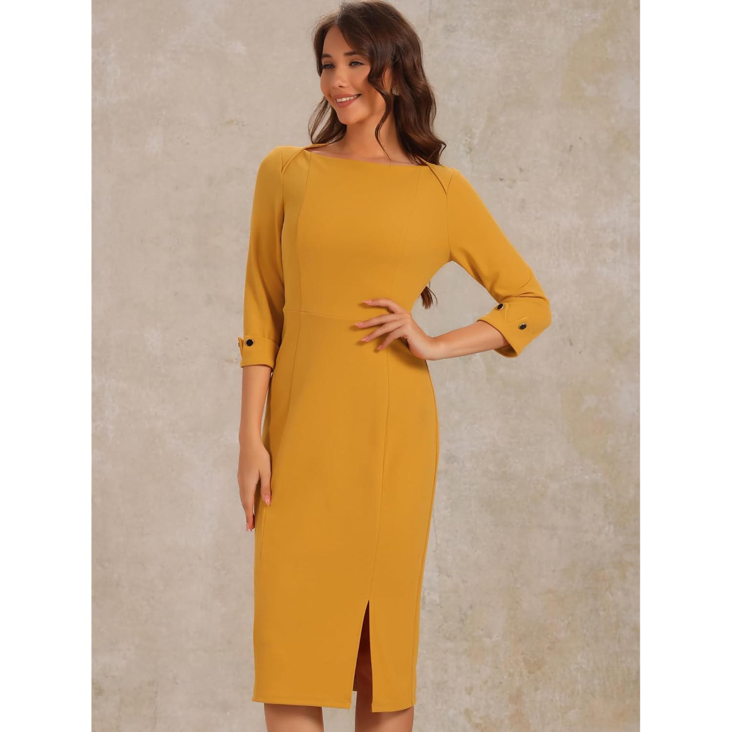 Women's Boat Neck Dress 3/4 Sleeves Work Business Pencil Sheath Dresses