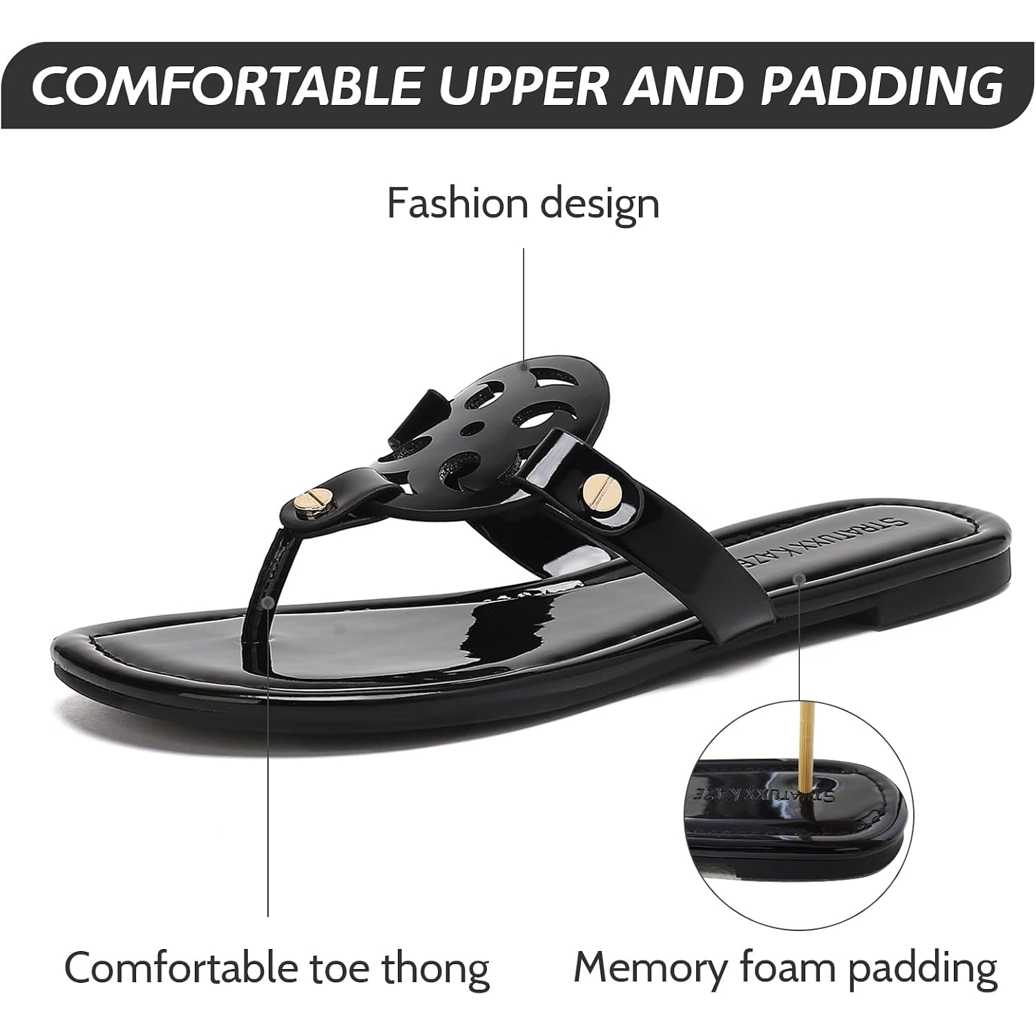 Stratuxx Kaze Women'S Dressy Patent Leather Thong Sandals With Memory Foam,Comfy Beach Slides Slip On Flat Sandals For Women