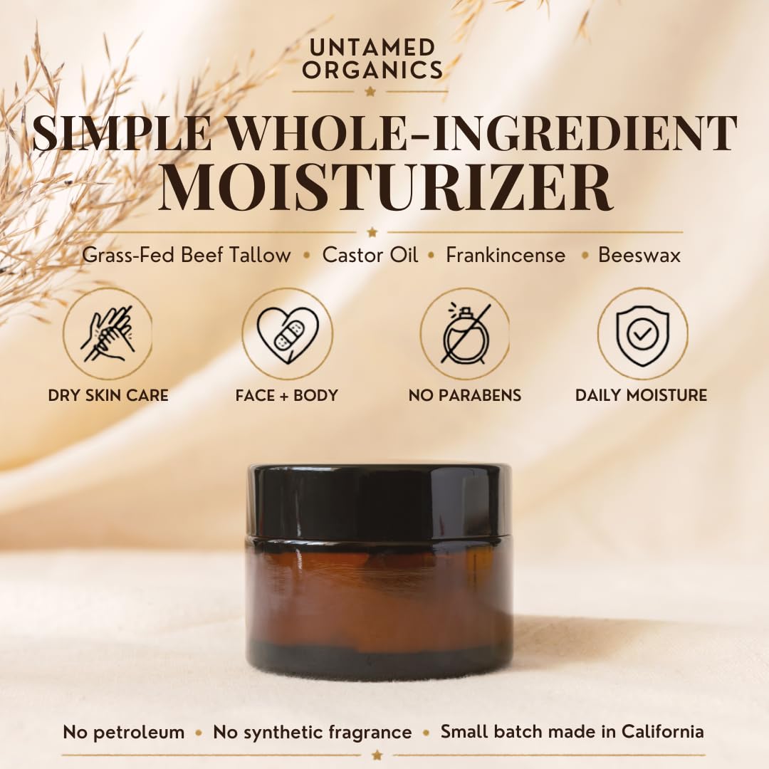 Untamed Organics Beef Tallow Balm For Skin & Face With Castor Oil & Frankincense - 100% Grass-Fed Tallow Face & Body Moisturizer For Dry Sensitive Skin - 2 Oz
