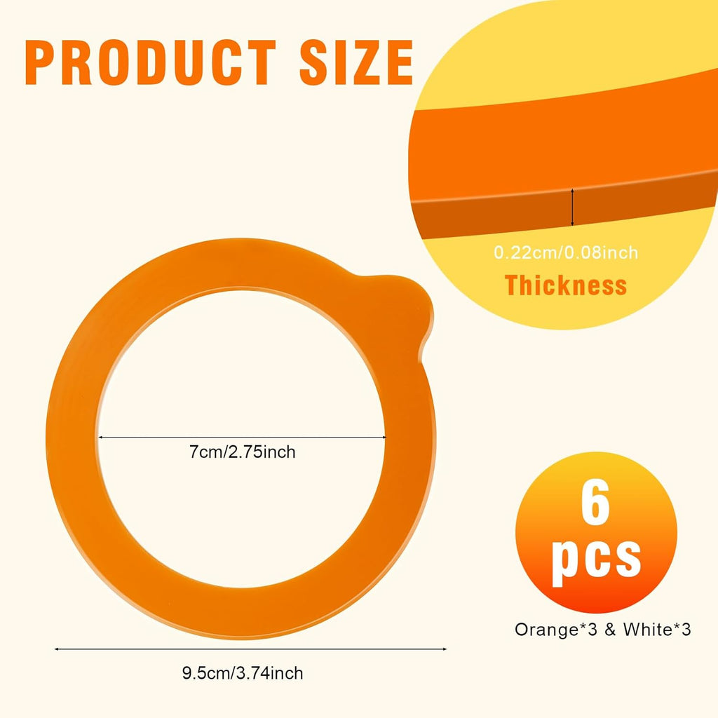 3.75 Inches Diameter Rubber Seals for Glass Jars, 6 Pcs Food Grade Airtight Replacemen Silicone Jar Gaskets, Leakproof Gasket Sealing Rings for Canning Mason Jars, Fits Most Sizes (White and Orange)