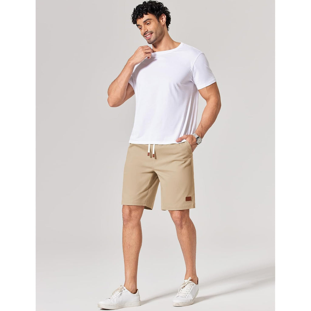 Coofandy Mens Cotton Chino Shorts 9 Inch Casual Shorts Elastic Waist Drawstring Summer Beach Shorts With Pockets