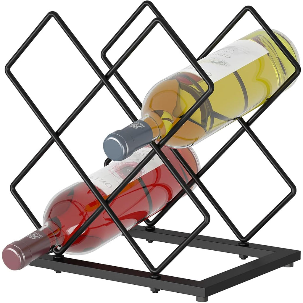 Countertop Wine Rack, 6 Bottles Wine Storage Capacity, Modern Corner Metal Wine Bottle Holder For Bar, Cabinet, Pantry, Tabletop Wine Racks For Cup And Water Bottle – Black