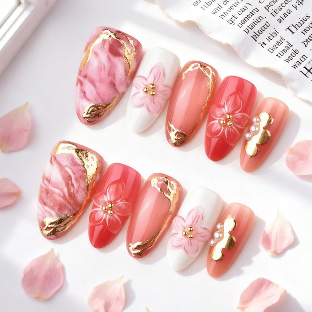 30Pcs Pink Press on Nails Medium Almond Fake Nails with Gold Beads Pearl Design Gold Floral Full Cover Acrylic Stick on Nail 3D Gradient Flower False Nails for Women Spring Summer Manicure Decoration