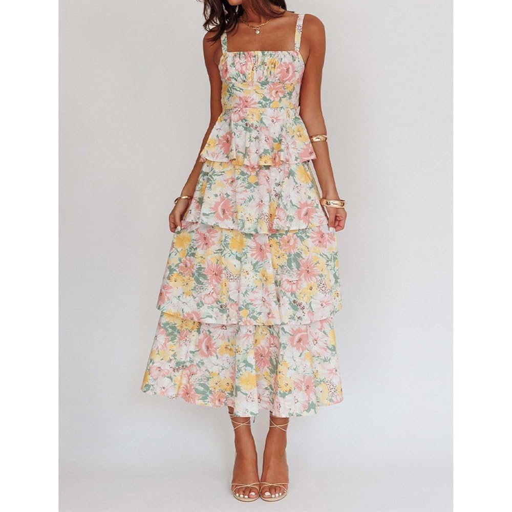 Abyovrt Women Floral Maxi Dress Sleeveless Bow Back Tiered Boho Flowy Long Dresses Summer Fall