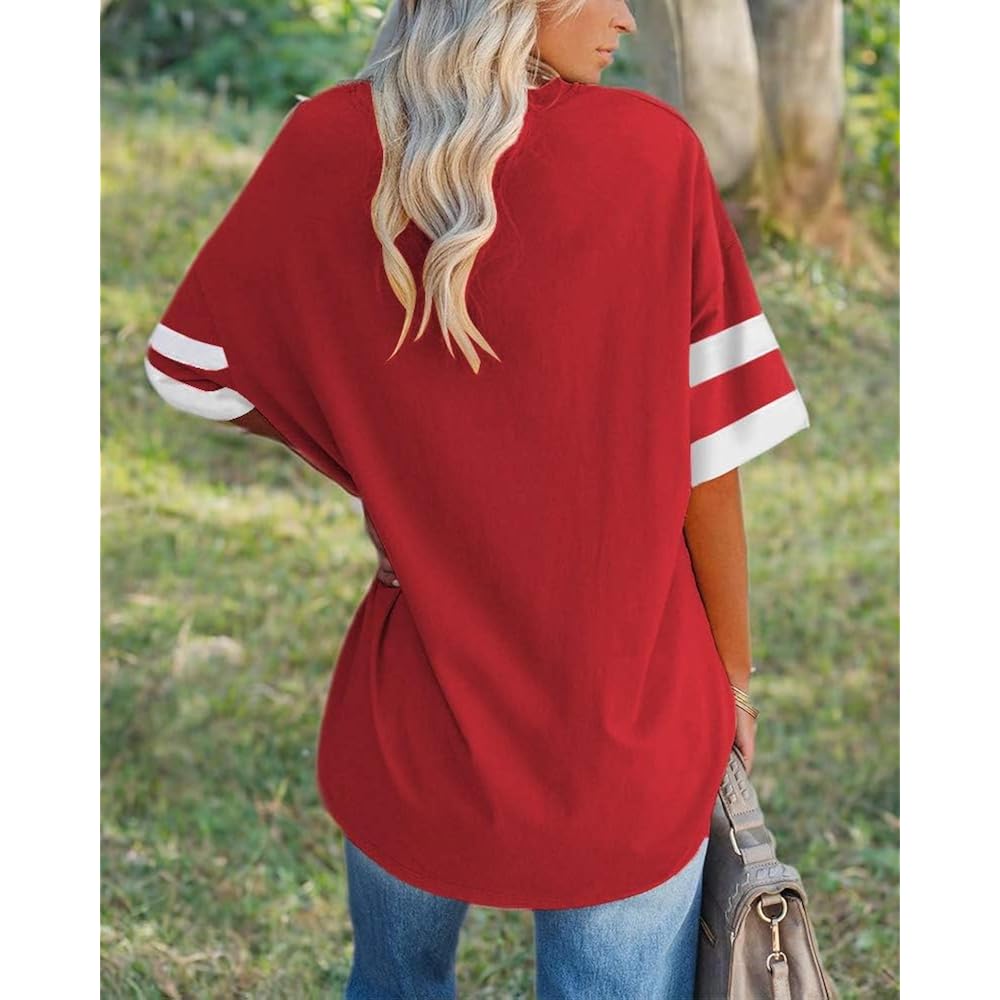 Fisoew Womens Oversized Tees Loose T Shirts Half Sleeve Crew Neck Color Block Cotton Tunic Tops