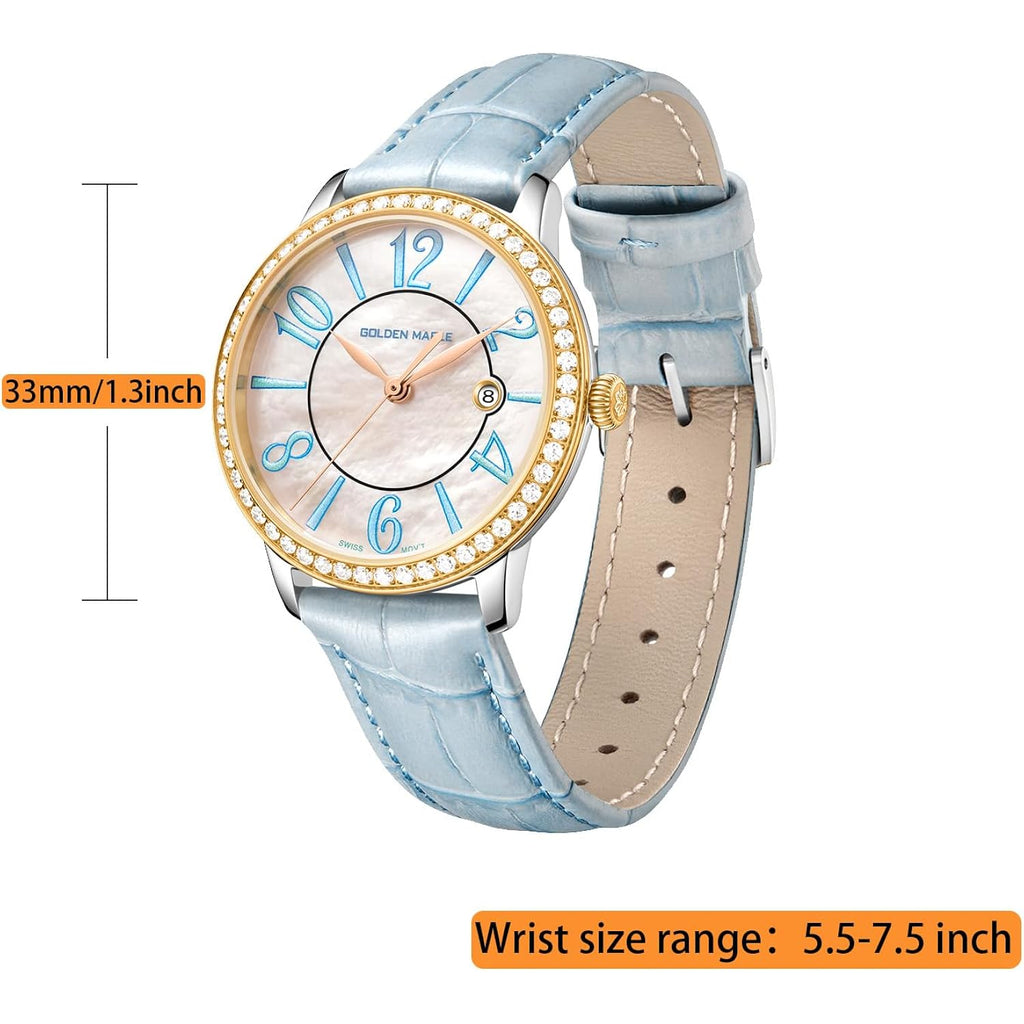 Golden Maple Dainty Watches For Women, Mother-Of-Pearl Dial And Swiss Quartz Movement, Ladies Watch With Leather Strap
