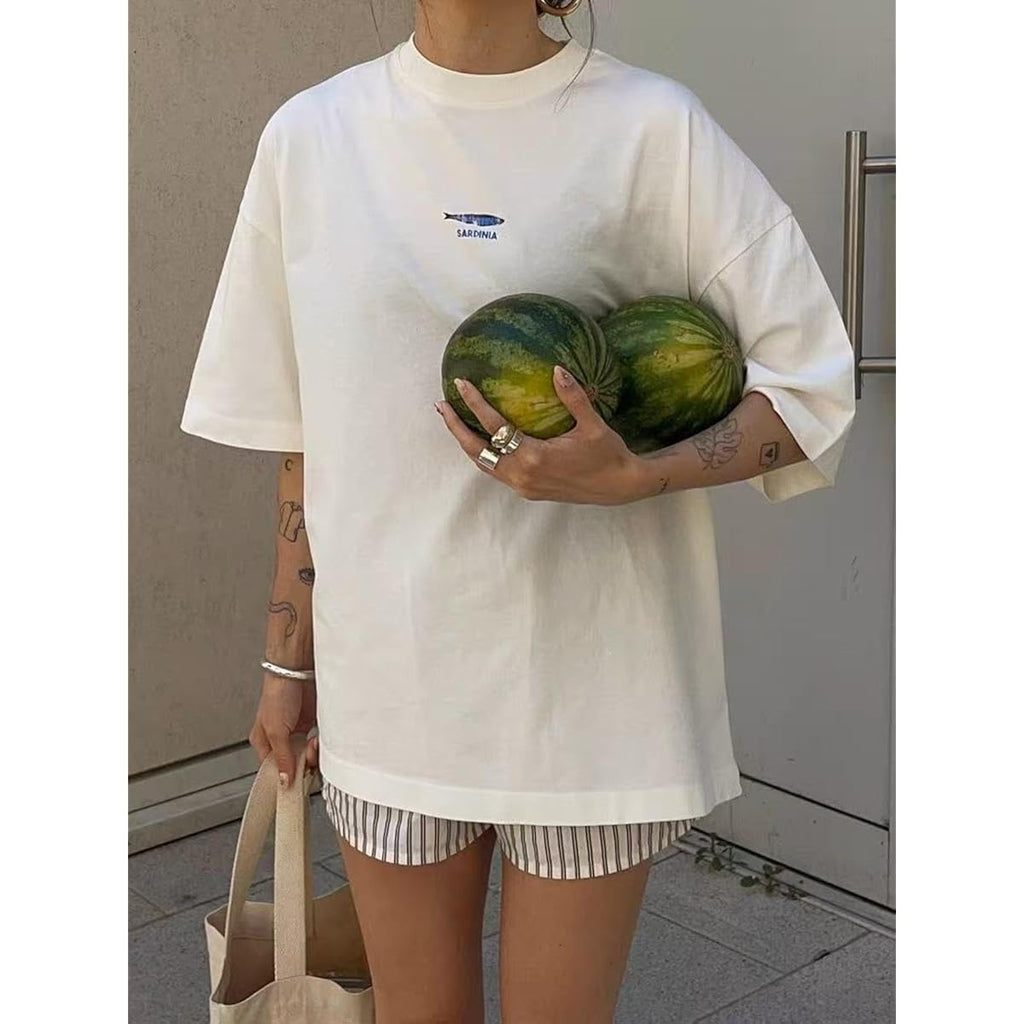 Cute Strawberry Beach Shirts Oversized Graphic Tees Women Short Sleeve Y2k Summer Tops 2000s Aesthetic Preppy Clothes Fish Blue