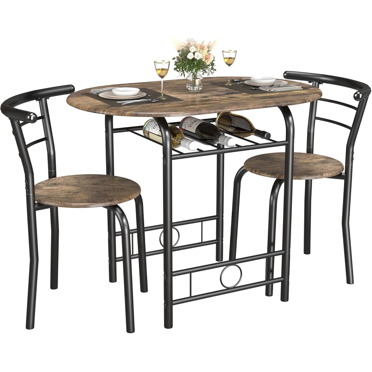 Jummico 3-Piece Wooden Round Table & Chair Set, Space Saving Kitchen Breakfast Nook Wood Grain Tabletop With Metal Frame And Built-In Wine Rack For Kitchen, Dining Room (Walnut/Black)