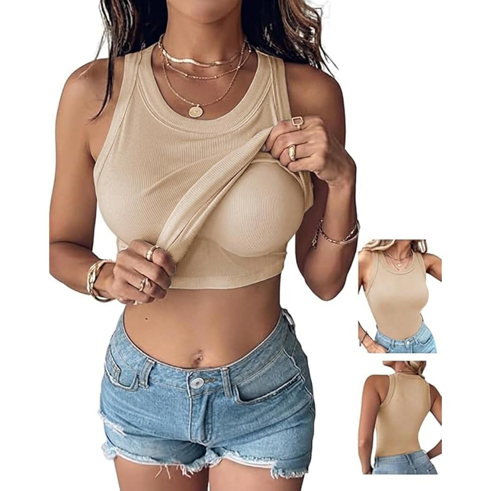 CHICME Women Built-in Bra Tank Tops Sleeveless Casual Shirts Racerback Ribbed Fitted Tank Tops