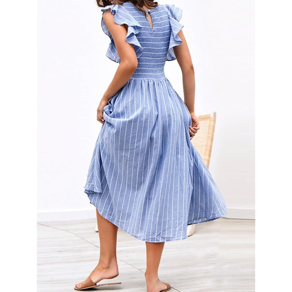 Womens Summer Smocked Midi Dress Casual Flutter Sleeve Long Boho Flowy A Line Church Modest Dresses With Pockets