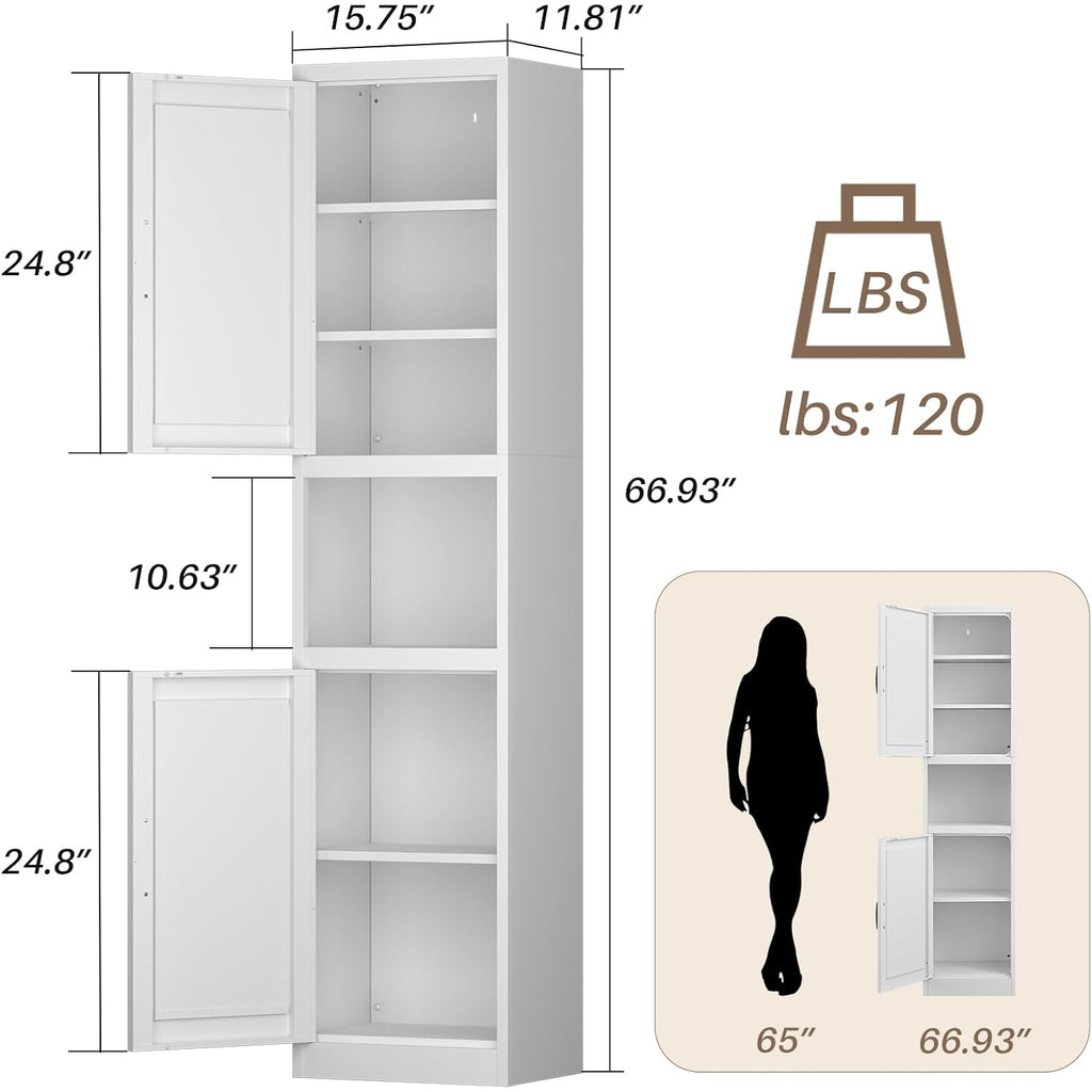 67" Tall Slim Pantry Cabinet, Narrow Bathroom Storage Cabinet | Metal Skinny Cabinet With Door And Adjustable Shelves, For Small Spaces, Kitchen, Bathroom, Laundry Room, Living Room, White