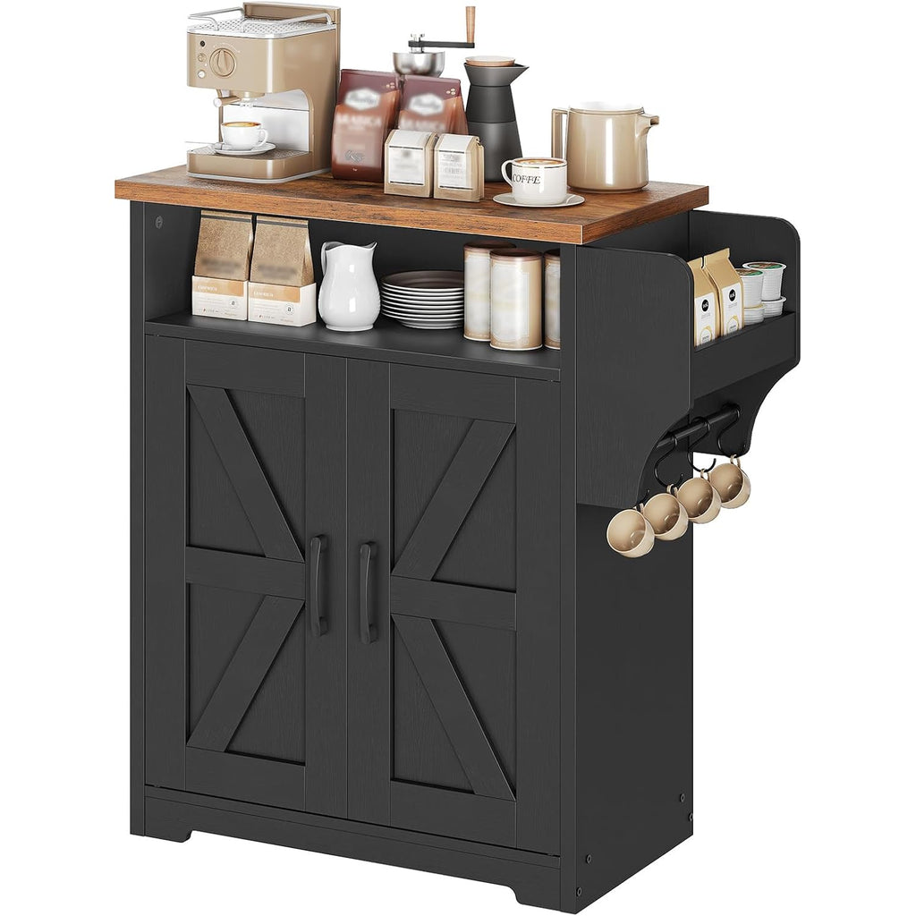 Coffee Bar Cabinet, Kitchen Island With Storage, Farmhouse Sideboard Buffet Cabinet With Dual-Purpose Floating Shelf And Hooks, For Restaurant, Living Room, Rustic Brown Kf22Br