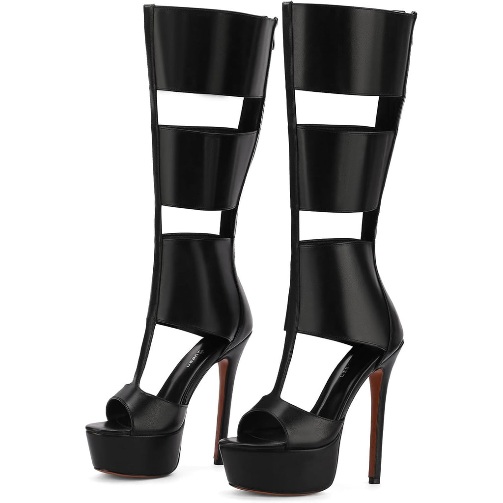 Fancyqueen Platform Knee High Sandals For Women, Gladiator Open Toe Summer Booties Black Heels Sandal Boots, Sexy Style Casual For Party